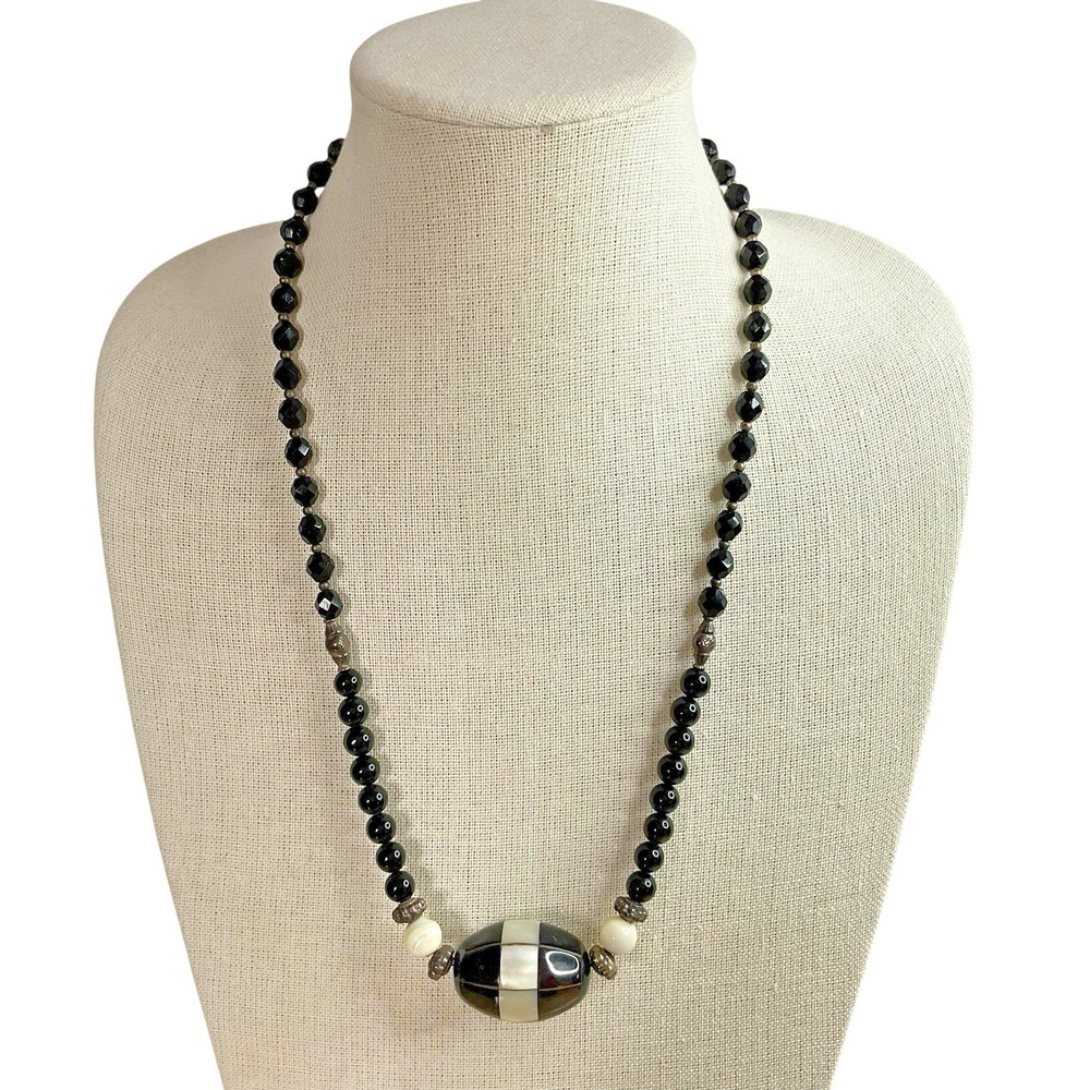 Vintage Onyx Necklace Mother of Pearl Accents Sterling 24" Estate Beauty